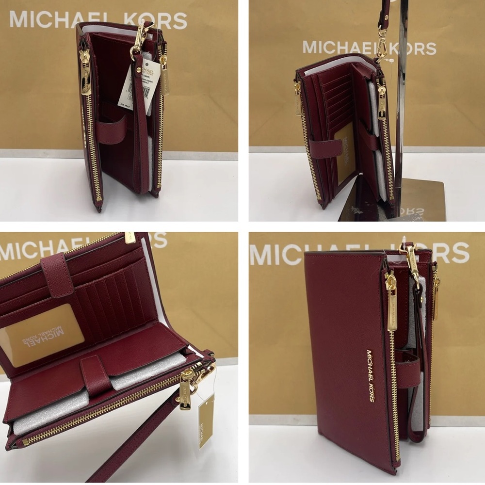 MICHAEL KORS LARGE DOUBLE ZIP WRISTLET WALLET DARK CHERRY COLOR - Picture 16 of 16